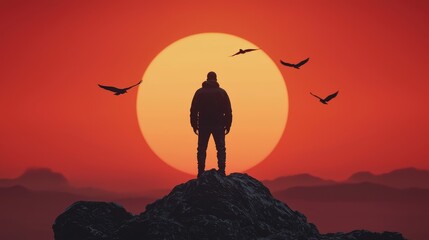 Silhouette of Man on Mountain Peak at Sunrise with Birds Flying