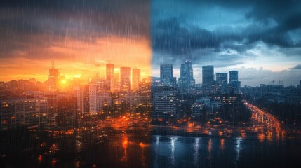 Fototapeta premium Dramatic Cityscape Split by Rain and Sunset with Reflections in Water