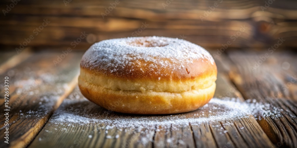 Poster a single, round donut with a dusting of powdered sugar rests on a rustic wooden table.