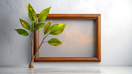 The minimalist generative AI art display features a brown empty wooden frame that complements the simplicity of the white wall
