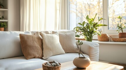 Cozy living room with natural light, plants, and soft cushions creates a relaxing atmosphere.