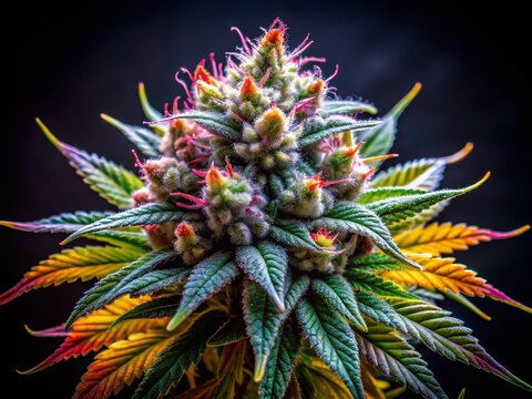 Closeup of Jack Herer Cannabis Plant in Full Bloom with Lush Buds Against a Dark Background for Stunning Documentary Photography