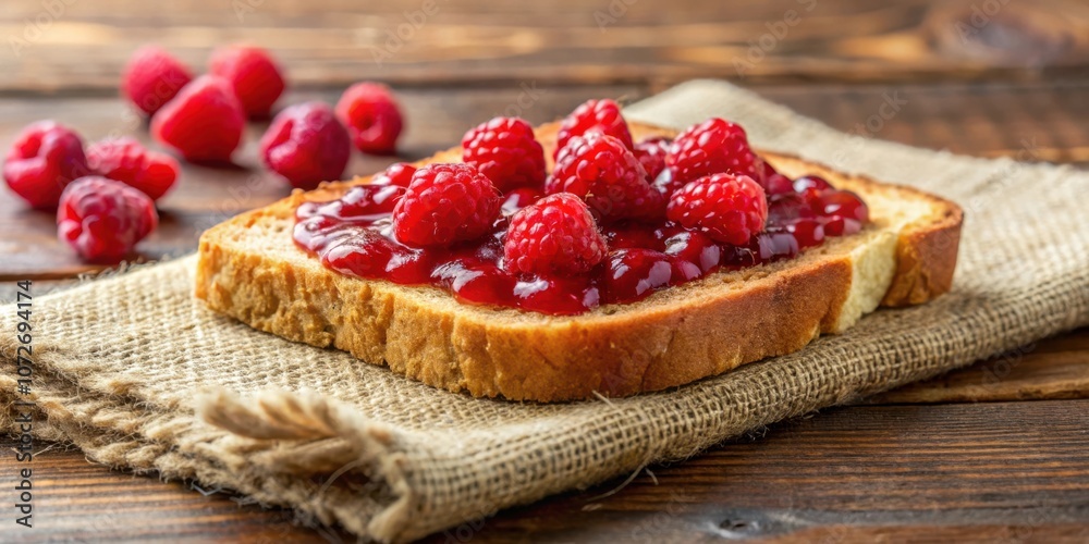 Poster A close-up shot of a slice of bread topped with raspberry jam and fresh raspberries, resting on a burlap napkin atop a rustic wooden surface.