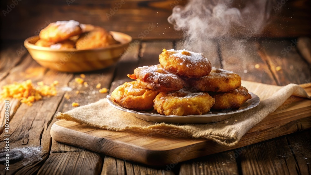 Aufkleber a stack of golden fried dough pastries dusted with powdered sugar on a rustic wooden table