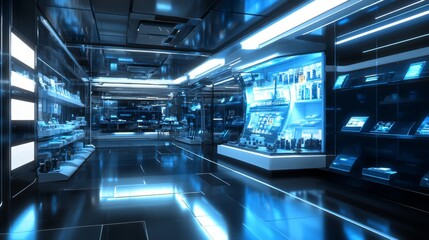 Futuristic Retail Space Featuring Sleek Technology Displays and Interactive Gadgets in a Minimalist Environment with Cool Lighting Effects