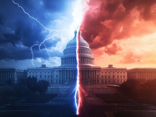 Dramatic Lightning Strikes Splitting US Capitol Building in Two, Representing Political Division.