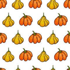 Bright autumn seamless pattern. Hand drawn yellow and orange pumpkins on white background. Design for Halloween holiday costume, greeting card, banner, party invitation. 