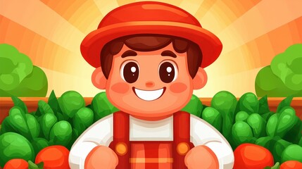 Naklejka premium Smiling Farmer Selling Fresh Produce at Market Stall Illustration