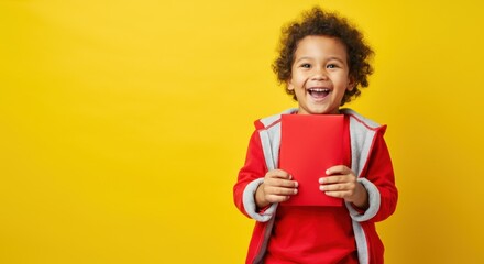 Happy child in red holding book against yellow background