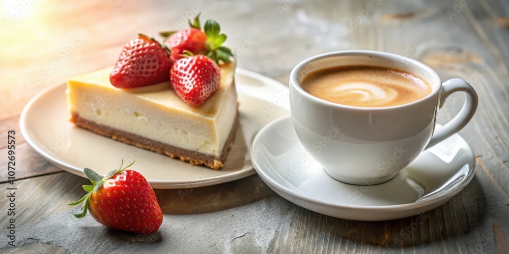 Poster a slice of cheesecake with strawberries and a cup of coffee on a rustic wooden table.