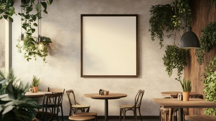 Mockup of a Blank Poster Frame in a Rustic Cafe Interior with Greenery and Wooden Accents.