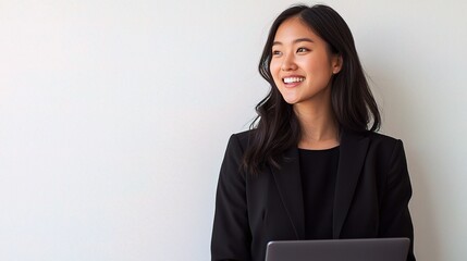 Young Asian Businesswoman Smiling While Standing With Laptop, Capturing Professional Confidence and Optimism in Modern Workplace Environment