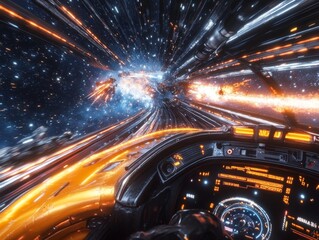 Futuristic Spacecraft Journey Through Stellar Expanse with High-Speed Travel and Vibrant Cosmic Colors Captured from the Cockpit Perspective