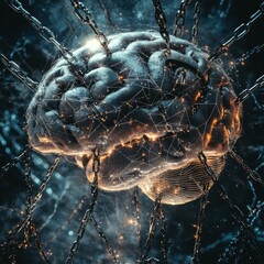 Abstract Brain Trapped In Chains, Metal Brain, Glowing Brain In Chains, Mental Health Concept