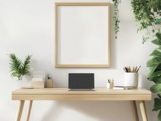 Minimalist Home Office Desk with Laptop, Wooden Frame and Green Plants.