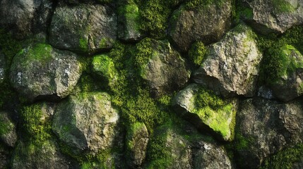Textured Stone Wall with Lush Green Moss Displaying Nature's Beauty, Perfect for Background or Nature-Themed Projects, Capturing Earthy Elements in High-Resolution