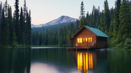 Fototapeta premium Secluded Cabin on Lake in Mountain Forest at Sunset