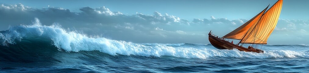 A sailing boat with an orange sail navigating through ocean waves under a cloudy sky.
