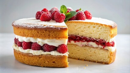 A classic vanilla sponge cake layered with whipped cream and raspberry jam, topped with fresh raspberries and a sprig of mint, dusted with powdered sugar.
