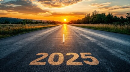 New Year concept showing 2025 written on an empty asphalt road at sunset