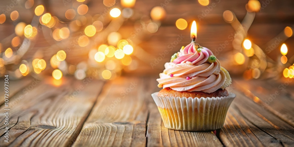 Poster a single cupcake with a lit candle and pink frosting sits on a rustic wooden table with a backdrop o