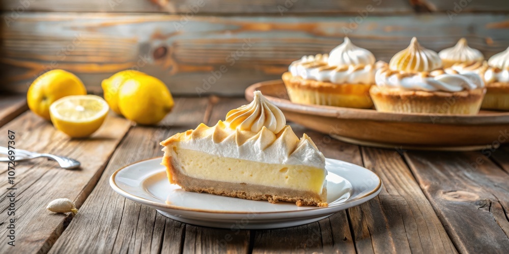 Poster a slice of lemon meringue pie on a white plate with whole lemons in the background