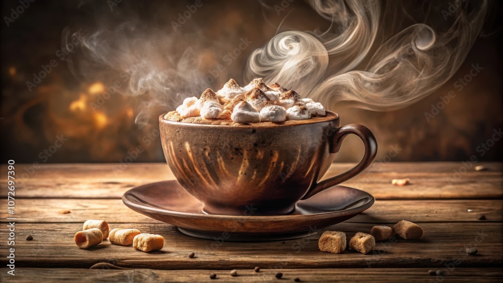 Poster a steaming cup of hot cocoa topped with marshmallows and cinnamon, nestled in a brown ceramic mug an
