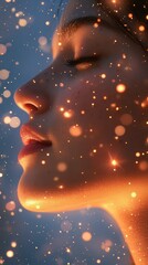 A woman's face is surrounded by a glowing, starry background. Concept of serenity and tranquility, as the woman is in a peaceful, dreamlike state. The bright