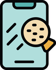 Magnifying glass is inspecting a smartphone screen, searching for potential viruses and malware threats