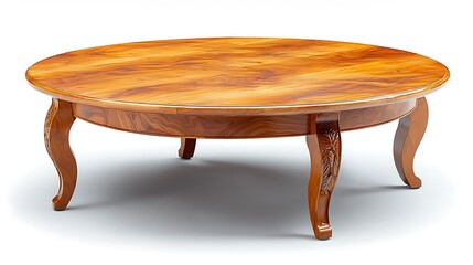 This wooden round coffee table features a smooth, polished surface with a rich, mahogany finish
