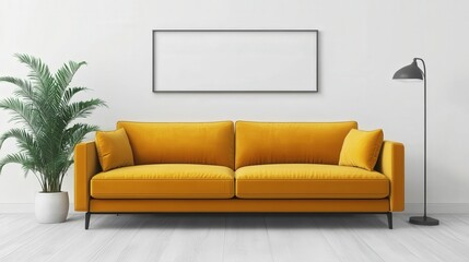 Modern yellow couch in bright living room with a lamp and decorative plant.