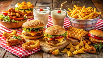 A Picnic Feast of Burgers, Fries, and Milkshakes on a Red and White Checkered Tablecloth