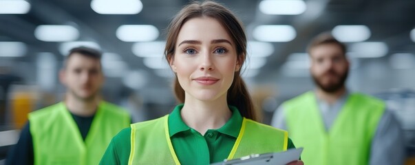 Portrait of a young female warehouse supervisor holding a clipboard with team members in the background