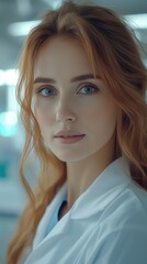 A woman with red hair and blue eyes is wearing a white lab coat. She is looking directly at the camera