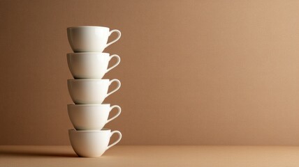 Stacked white cups against beige background, arranged symmetrically