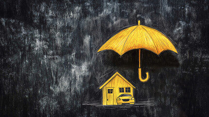 Property and auto insurance concept: A visual metaphor featuring a yellow umbrella shielding a house and a car, symbolizing comprehensive protection and security for valuable assets.