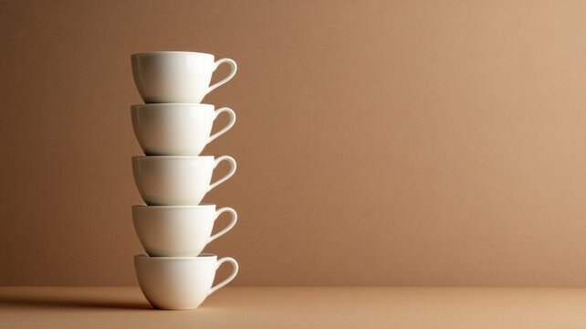 Stacked white cups against beige background, arranged symmetrically