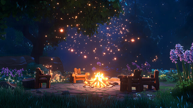 A warm bonfire surrounded by friends sharing stories under the stars.