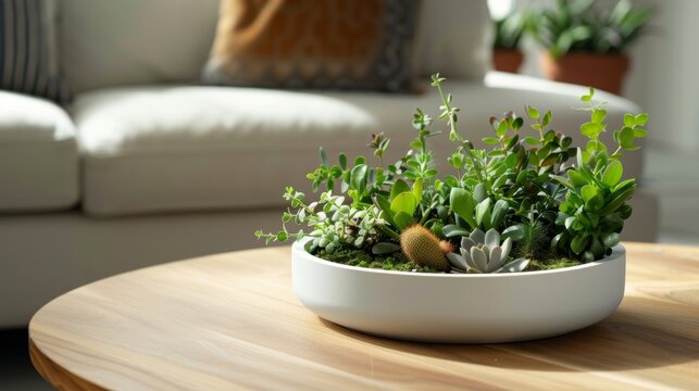 A minimalist coffee table with a simple white bowl holding a unique arrangement of assorted miniature plants bringing a playful and whimsical touch to the space.