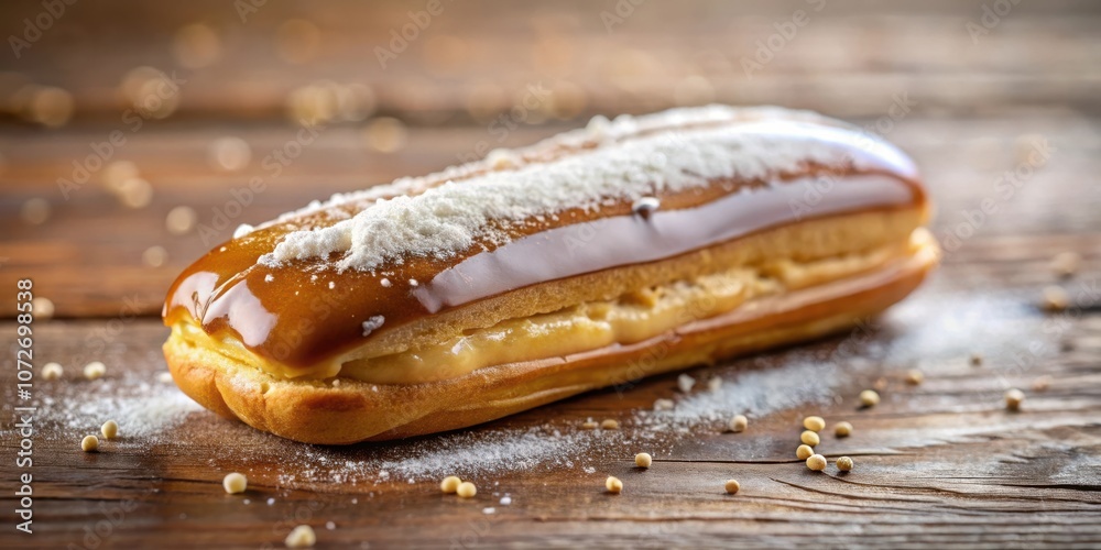 Aufkleber a single eclair glazed with caramel and topped with powdered sugar on a rustic wooden background