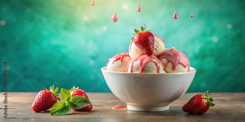Poster vanilla ice cream scoops drizzled with pink sauce and topped with fresh strawberries in a white bowl