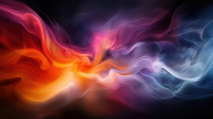 Fototapeta premium Abstract colorful swirling smoke with red, orange, purple, and blue hues on dark background.