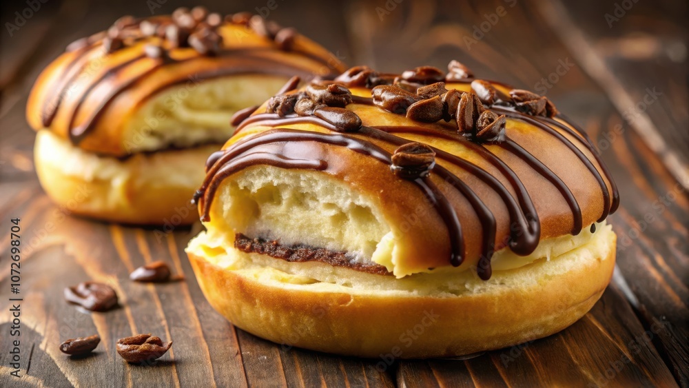 Poster a close-up of a coffee-flavored donut with chocolate icing and sprinkles on a rustic wooden table