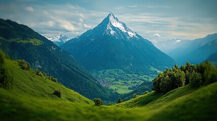 Fototapeta premium Majestic Mountain Peak Overlooking Lush Green Valley in the Alps