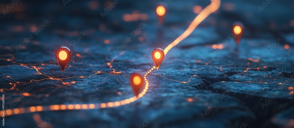 Wall mural a glowing line of location pins on a dark textured map.