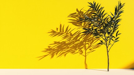 Naklejka premium Green Plant with Long Shadows on Yellow Wall Minimalist Background