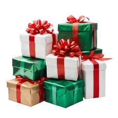 Obraz premium Stack of Christmas gifts with red and green ribbons, transparent background