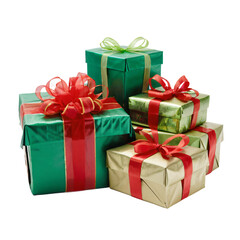 Stack of Christmas gifts with red and green ribbons, transparent background