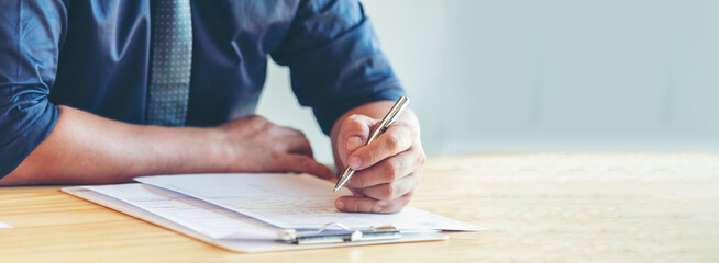 Banner Businessman hands note meeting document in conference room. Banner man Hands writing...
