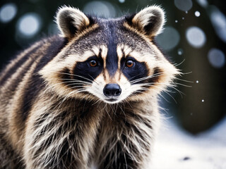 Fototapeta premium Captivating Winter Wonderland: A Cinematic Photo of a Clever Raccoon in an Urban Cityscape